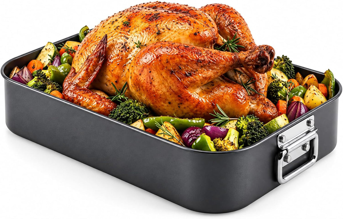 16 Inch Roasting Pan With V Rack Nonstick Turkey Oven Bakeware Tray Set