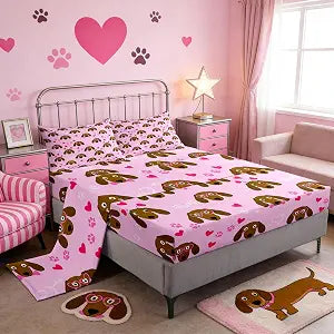 Homewish Cute Dogs Bed Sheets Full Size 4 Pcs,Valentine's Day Theme Cartoon Pet Bedding Set for Girls Women Adults,Paw Print Sweet Heart Romantic Style Sheet Set with Flat,Fitted Sheet,2 Pillowcases