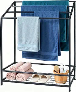 Hjarta Free Standing Towel Rack, 31.5 Inch Wide 4-Bar Stand with Shelf