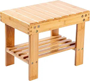 VaeFae Bamboo Small Seat Stool with Storage Shelf