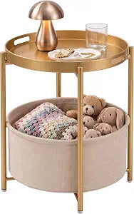 danpinera Gold Round Side Table, Decorative Serving Tray with Handles
