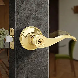 Moquin Wave Style Gold Door Handle with Lock and Key, Keyed Entry Brushed Gold Door Handles for Bedroom or Front Door, Polished Brass