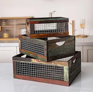 TIMRIS Set of 3 Rustic Wood Nesting Crates, Farmhouse Distressed Wooden Storage Boxes, Decorative Reclaimed Wood Organizer Baskets with Wire Mesh (Random)