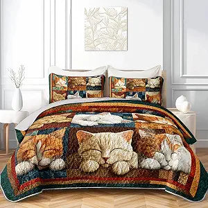 AILONEN Twin Quilted Comforter 3 Piece, Cute Orange Cat Bedspread Coverlet with 2 Pillowcases, Soft Lightweight Patchwork Pet Bedding for Girls Kids Room