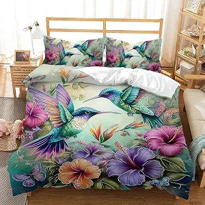 AILONEN Beautiful Hummingbird Duvet Cover Set King Size, Colorful Flower Bird Print Bedding Set for Girls Women,3 Pieces Soft Quilt Cover with 2 Pillowcases