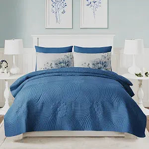 Lightweight Quilt Set Blue Queen 3 Piece Cute Flowers Pattern Bedspread Coverlet 2 Pillow Shams Ultrasonic Pressed, Soft Brushed Microfiber Polyester, Easy Care Durable All Season