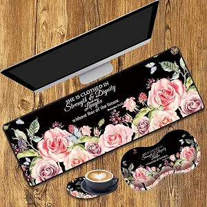 Desk Pad Gaming Mouse Pad + Wrist Rest Support Pad + Coaster, 31.5"  11.8" Durable Non-Slip Extended Computer Mouse Pad, Suitable for Office and Home, Bible Verses Proverbs 31:25