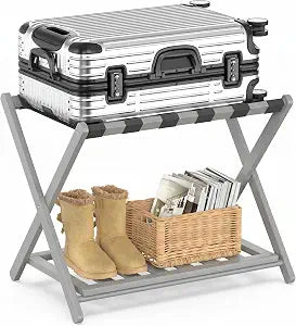 BAMBOOHOMIE Bamboo Luggage Rack for Guest Room, Wide Suitcase Stand with Storage Shelf, Folding Luggage Stand Holder for Bedroom Hotel, 26.77" Thickened Luggage Rack for Suitcases, Grey