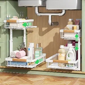 Kitstorack Under Sink Organizer, 2 Tier Under the Sink Storage, Slide out Pull out Cabinet Organizer Shelf, Metal Sliding Drawer for Kitchen Bathroom Pantry Closet Organization Rack, White, 2 Pack