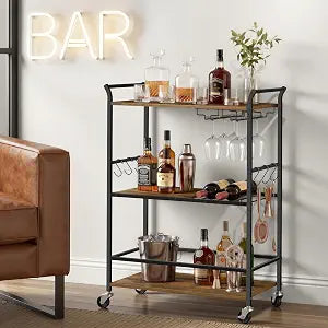 VASAGLE Bar Cart with Wheels, Drink Cart with Wine Rack and Glass Holder