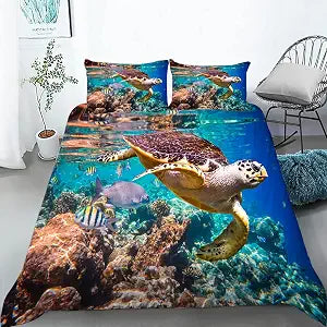 AILONEN Sea Turtle Bedding Set, King Size Ocean Turtle Themed Comforter Cover for Teens Boys and Girls (1 Quilt Cover 2 Pillowcases 3 Piece)