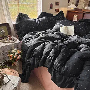 Chic Black White Polka Dot Ruffled Duvet Cover Twin Soft