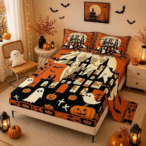 Feelyou Halloween Haunted House Bed Sheets Sets Queen Size Kids Boys Girls Halloween Bedding Set Cute Ghost Bed Sheet Set with 16-Inch Deep Pockets 4Pcs with 2 Pillow Cases