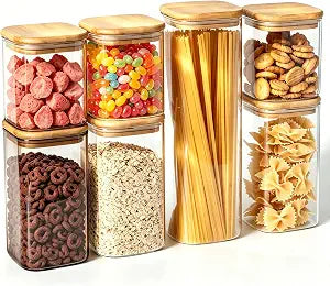 7 Pack Square Glass Storage Containers with Lids, Multi-Size Canisters Sets for the Kitchen & Pantry food storage jar  Ideal for Storing Pasta, Cereal, Flour, Sugar, Nuts, Coffee Beans & More