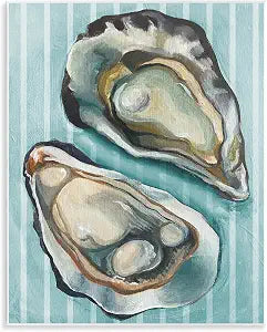 Oysters on Blue Stripes, 11 x 14 Inch Mounted Print on Wall Plaque