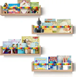 Nursery Book Shelves Wall Mounted Set of 4,Floating Book Shelves for Wall,Nursery Shelves for Bookshelf Wall,Kids Bookshelf (Five-Color Beads)