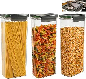 Plastic Pasta Containers, Spaghetti Container Storage, 74oz Set of 3 with Easy-Seal Lid, Pasta Storage Containers, Airtight Square Food Storage Jars for Spaghetti, Pasta, Flour, Oats, Cereal.