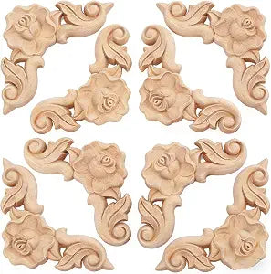 8PCS Unfinished Furniture Onlay Applique Frame for Home, 6x6cm/2.36"x2.36", Unpainted Woodcarving Corner Decal Cabinet Door Wall Ceiling Dresser