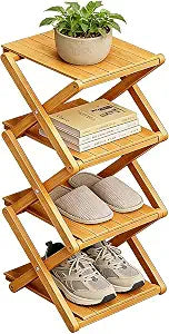 Bamboo Shoe Rack - No Assembly Required, Tall Narrow Foldable Shoe Organizer, Space-Saving Multifunctional Shelf for Entryways, Corners, Bedrooms, Balconies, 4 Layer(Reinforced and Thickened)