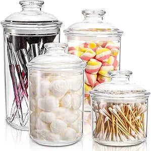DEAYOU 4 Pack Clear Plastic Apothecary Jars, Plastic Storage Jar Canister with Airtight Lid, Cotton Ball Holder Bathroom, Candy Cookie Container Organizer for Bath Salt, Vanity, 33 Oz/23 Oz/13 Oz