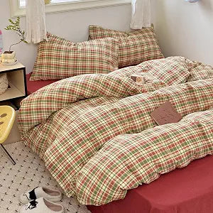 Red Green Plaid Duvet Cover Queen Size-90"x90", Double Gauze Cotton