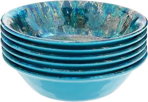 Radiance Teal Melamine 7.5" All Purpose Bowl Set of 6  Deep Break-Resistant Bowls for Salad, Soup, Pasta, Snacks  Dishwasher Safe, Indoor/Outdoor Use, Coastal Style Dinnerware