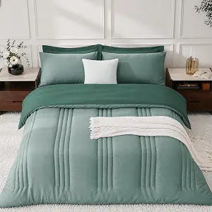 BDEUS Full Comforter Set 5Pcs Sage Green Vertical Striped Bed in a Bag