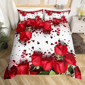 Feelyou Rose Comforter Cover Red Rose Petals Bedding Set Floral Bouquet Botanical Design Duvet Cover Romantic Flowers Bed Set Valentine's Day Couple Lover Room Decor Full Size (No Comforter)
