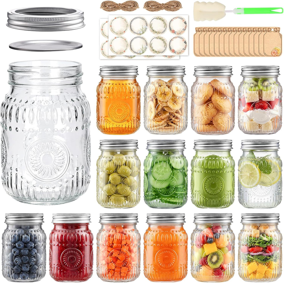 16 oz Embossed Glass Mason Jars 15Pack with Airtight Lids, Leakproof