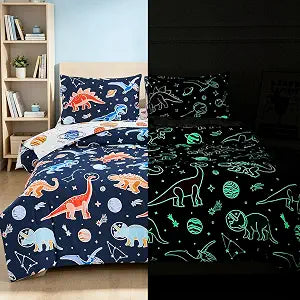 Btargot 5 Piece Queen Kids Dinosaur Glow in The Dark Comforter Set, Navy Cartoon Animal Bedding Set for Boys Girls Bed in a Bag