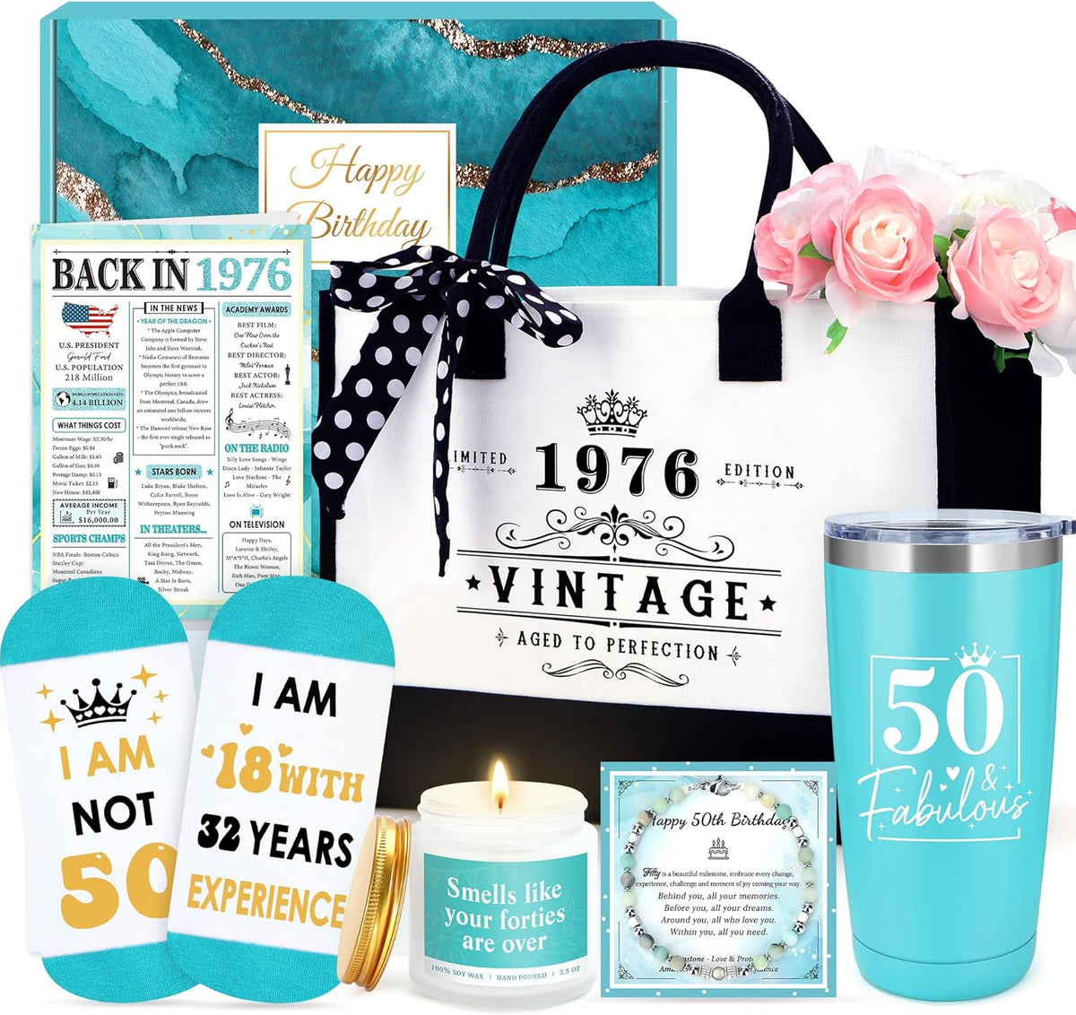 50th Birthday Gifts for Her 50 Year Old Gifts for Women Turning 50 and Fabulous Gift Ideas for Woman Cool 1976 Birthday Gift for Woman Happy 50th Bday Decorations Basket for Mom Daughter with Tumbler