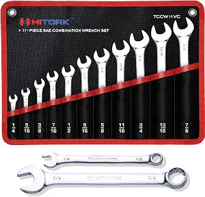 Hitork 11 Piece Combination Wrench Set with Roll Pouch, SAE Sizes (1/4" - 7/8"), Drop Forged Cr-V Steel, Chrome Plated Mirror Finish, 12 Point Box End, 15 Offset, Exceeds ANSI Standards