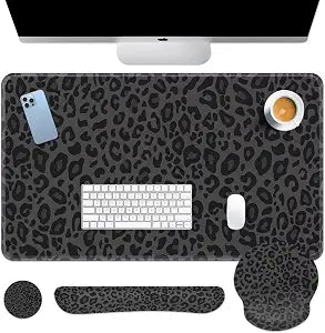 Arttown Keyboard Mouse Pad Set, 4 in 1 Desk Mat Set Leopard Black