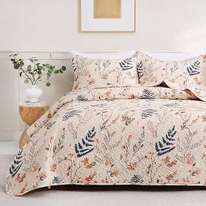 JSD Blush Pink Boho Floral Twin Quilt Set, Soft Microfiber Quilted Blanket