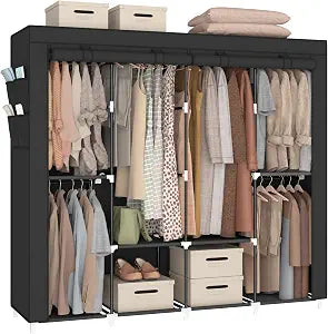 67 Portable Closet Wardrobe, 6 Hanging Rods 8 Shelves & Cover, Black