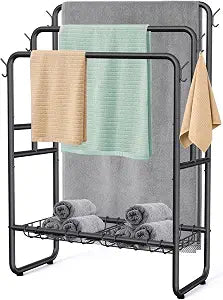 Kayfia 40'' Freestanding 3 Tier Metal Towel Rack, 2 Baskets & 6 Hooks