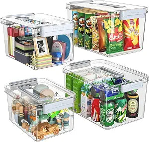 Plastic Storage Bins with Lids Stackable organization and Storage Containers for Organizing Snacks, Crafts, Tools Clear Storage Box with Latching handle(Clear, 2PCS-4.5QT 2PCS-8.5QT)