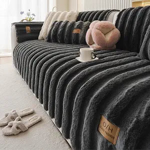 Fuzzy Rabbit Plush Sofa Cover Thick Soft Fur Sectional Couch Cover Furry Fluffy Cushion Cover Non-Slip Sofa Slipcovers Vertical Stripe Furniture Protector for Dogs Cats(Dark Grey,36"x47")