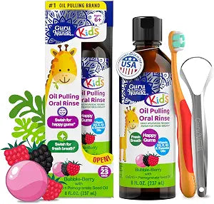 GuruNanda Kids Oil Pulling, Alcohol-Free Mouthwash, Essential Oils & Vitamins for Fresh Breath & Happy Gums for Ages 6 & up, Natural Bubble Berry, 8 Oz