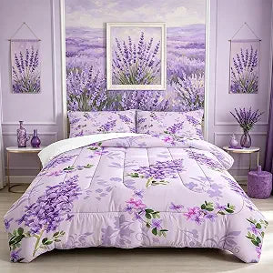 Lilac Flower Comforter Set Twin, Purple Floral Bedding for Girls