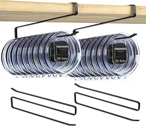 2 Pack Tumbler Lid Organizer, Under Cabinet Cup Lid Holder - Heavy Duty Iron with Anti-Rust Coating, Holds 10+ Lids , No Drill Space-Saving Kitchen Bathroom Organizer for 2040 oz Tumbler Lids, Black