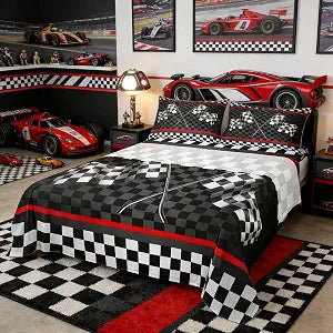 Racing Car Kids Sheet Full Size,Boys Girls Adults Bedroom/Gamer Decor,Flags Checkered Grids Geometric Bedding Set,Modern Sports Stylish Black White Bed Sheet Set 4pcs(Fitted + Flat + 2 Pillowcases)