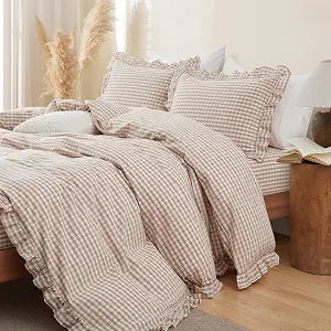 Light Pink Gingham Ruffle Duvet Cover Twin Size 2 Piece