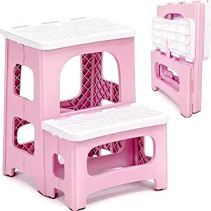 2 Step Stool Foldable, Non-Slip Steps, Folding Step Stool for Adults, Plastic Stool Pool Ladder, Collapsible Stools 2 Step Ladder for Kitchen Toilet Bedroom Office RV, Holds 330 lbs