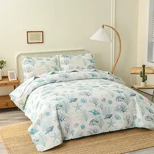 Hailea Ocean Quilt Set Twin Size Coastal Beach Theme Bedding Lightweight Reversible Starfish Seashell Conch Bedspread Coverlet Seaweed Coral Bed Cover with 2 Pillow Shams