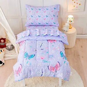lasoftan Butterfly Toddler Bedding Set for Girls, 4 Piece Bed-in-a-Bag Toddler Comforter Sets, Super Soft Comforter Sheet Set and Comfortable Microfiber Toddler Bed Set
