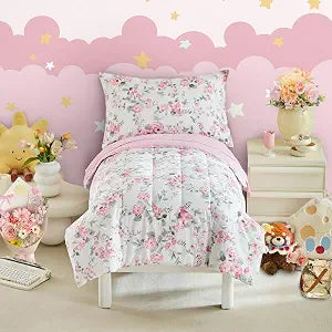4 Pieces White Toddler Bedding Set for Boys Girls - Ultra Soft Pink Flowers with Green Leaves Floral Bed in a Bag - Comforter Set, Fitted Sheet, Flat Sheet, Pillowcses