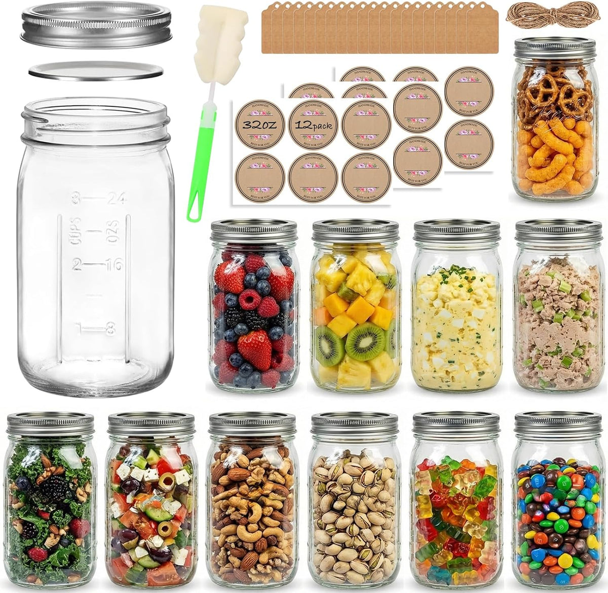 12 Pack 32 oz Wide Mouth Mason Jars with Airtight Lids and Bands