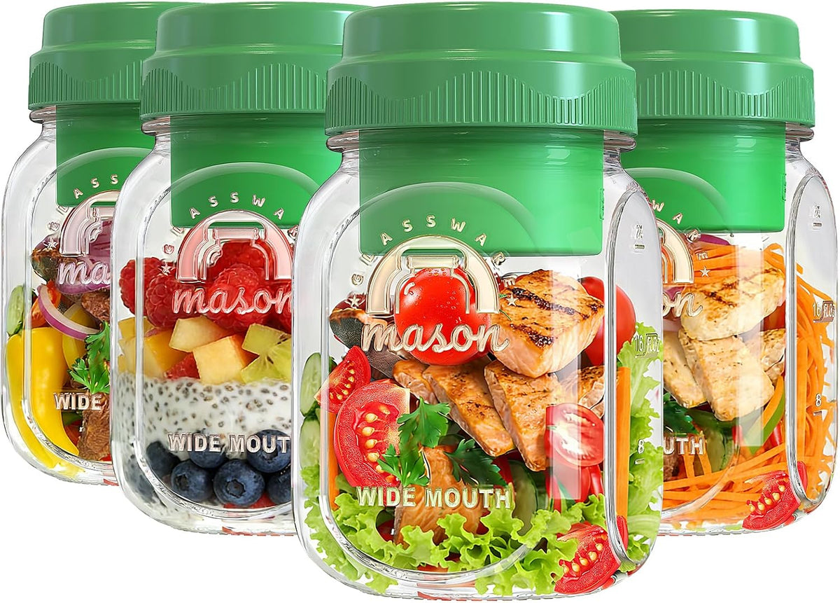 4 Pack 32 Oz Glass Salad Jars with Silicone Dressing Cup & Foldable Fork