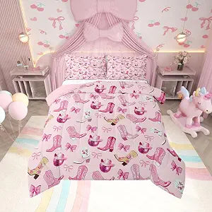 Manfei Cowgirl Kids Comforter Set Twin Size,Dreamy Bow-tie Bowknot Princess Bedding Set,Girls Women Room Decor,Cowboy Boots Hats Disco Ball Girly Down Comforter,Pink Duvet Insert,1 Pillowcase
